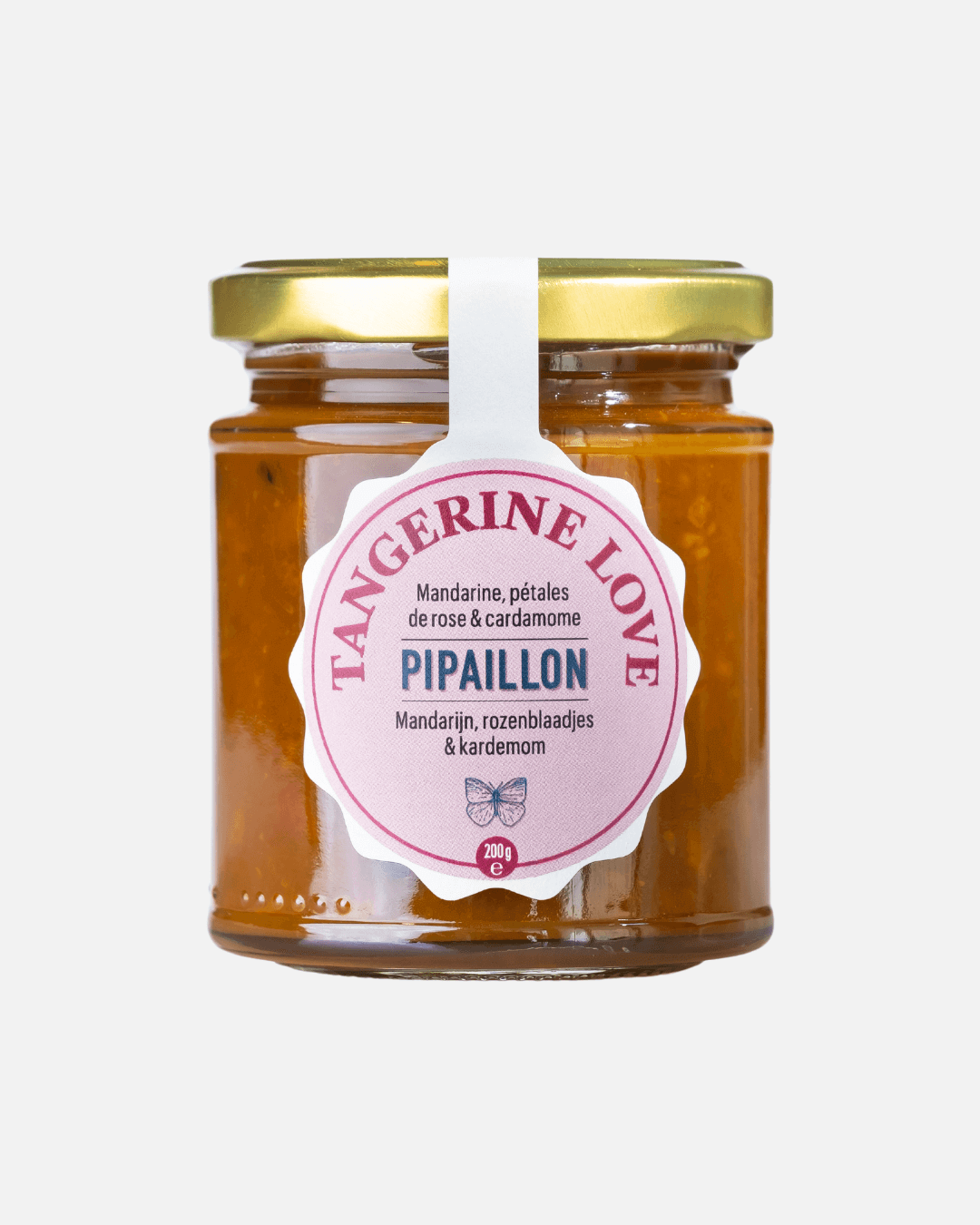 Pipaillon Bio-Konfitüre "Tangerine Love" aus Mandarinen, Rosenblüten, Kardamom, mit goldenem Deckel auf weißem Hintergrund.