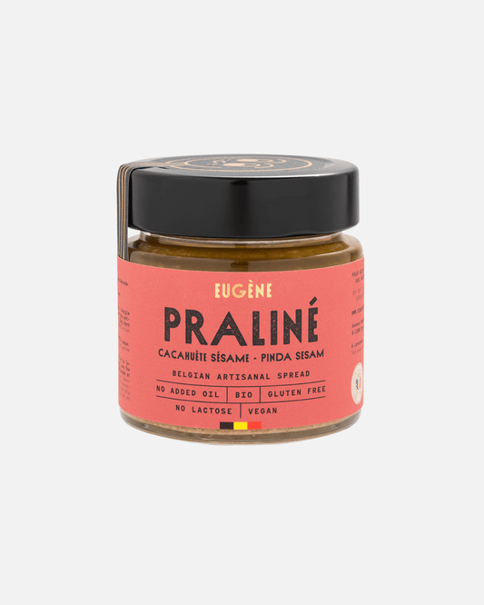 Bio-Praliné Sesam & Erdnuss von Eugène Chocolatier – belgischer, handwerklicher Brotaufstrich. Ohne Öl, glutenfrei, vegan.