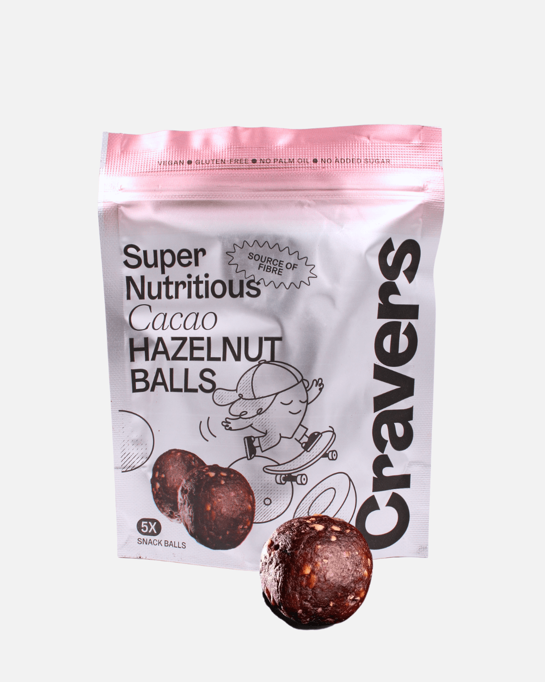 Silberne Verpackung von Cravers Kakao Haselnuss-Kugeln mit rosafarbenem Rand, begleitet von einer Kugel.