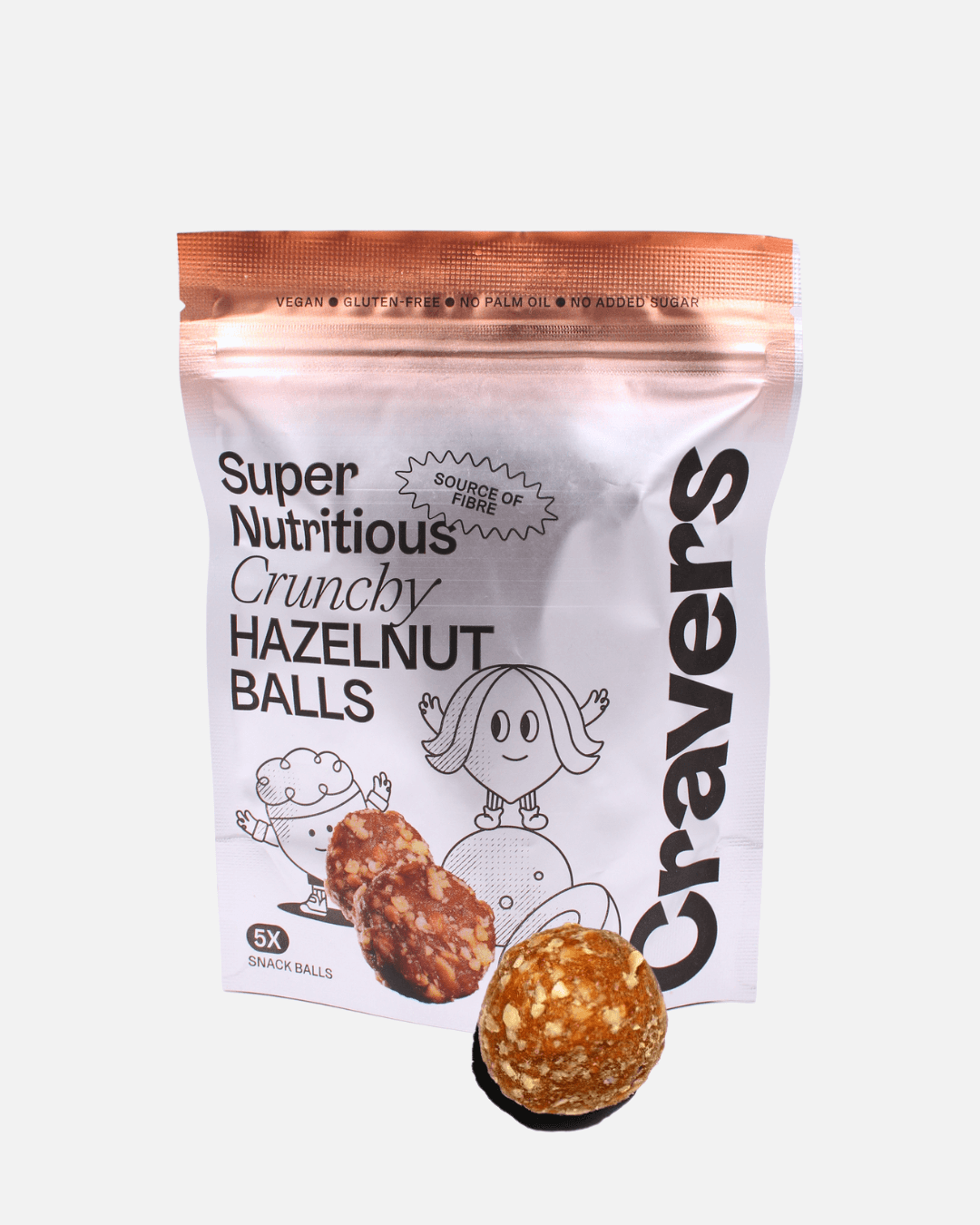 Silberne Verpackung von Cravers Knusprige Haselnuss-Kugeln mit orangefarbenem Rand, begleitet von einer Kugel.