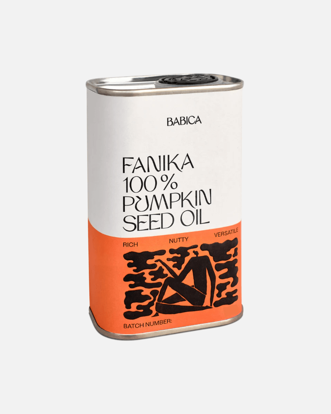 Eine rechteckige Blechdose Babica Fanika 100% Kürbiskernöl mit minimalistischem Design und orange-schwarzer Grafik.