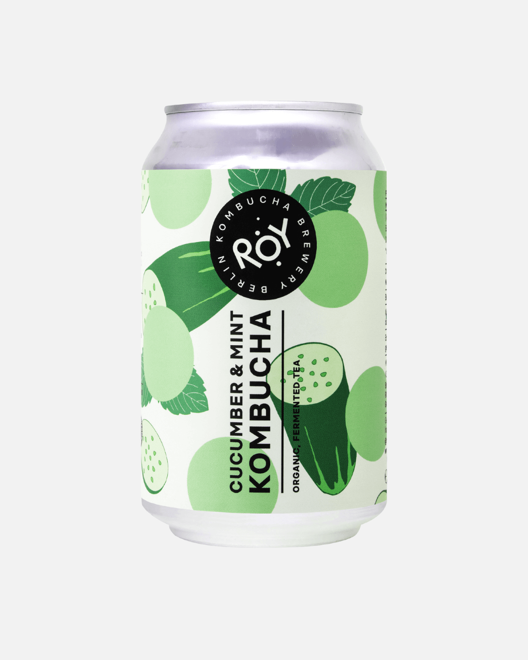 Dose ROY Bio-Kombucha mit Gurke und Minze, dekoriert mit grünem Design, auf weißem Hintergrund.