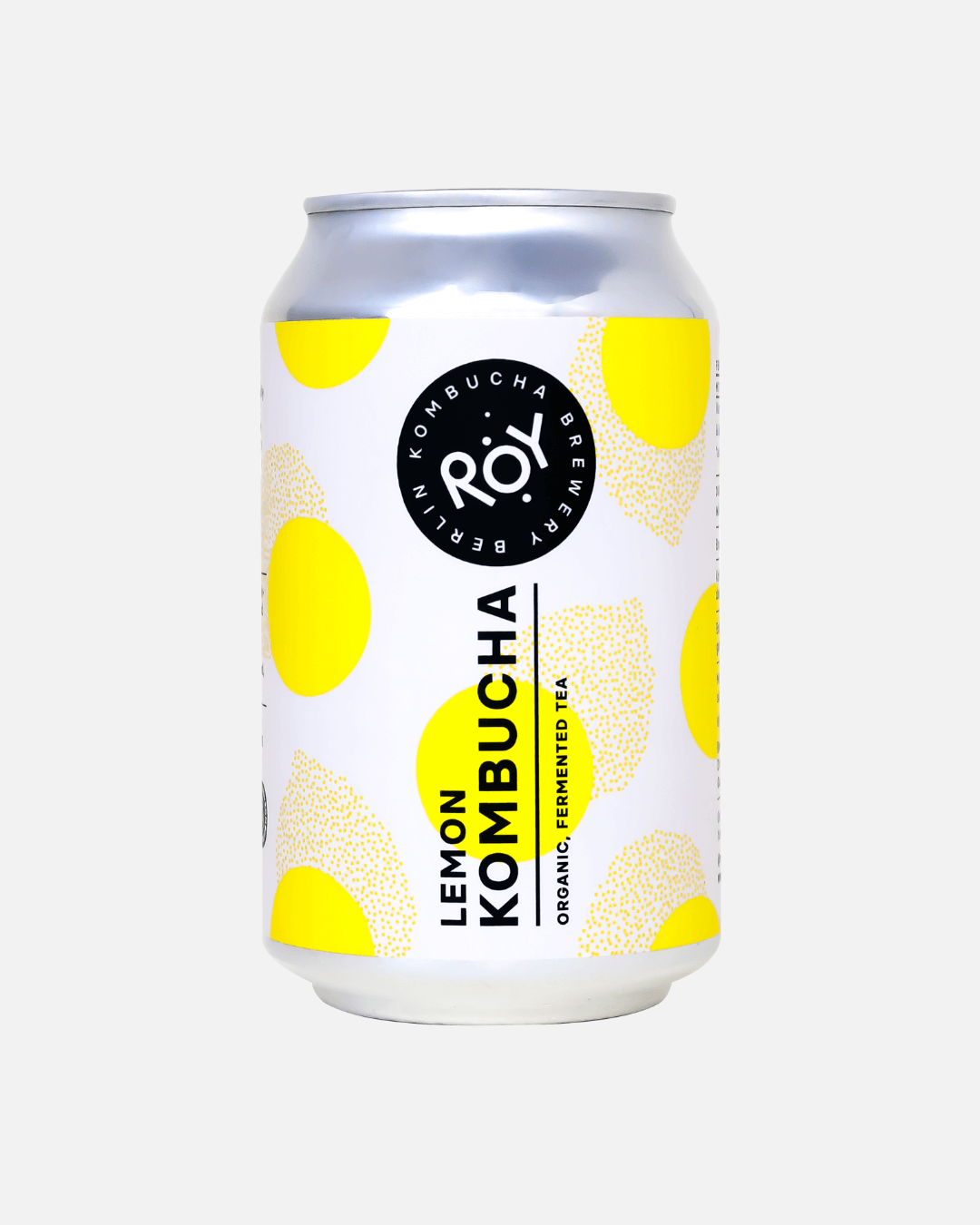 ROY Bio-Zitronen-Kombucha-Dose mit gelbem Polka-Dot-Design auf weißem Hintergrund, stilvoll präsentiert.