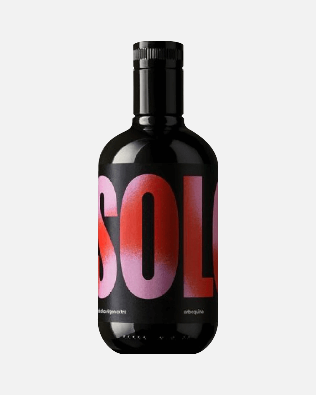 Eine schwarze 500-ml-Flasche Solo Arbequina natives Olivenöl extra, mit rotem und rosa SOLO-Logo auf dem Etikett.