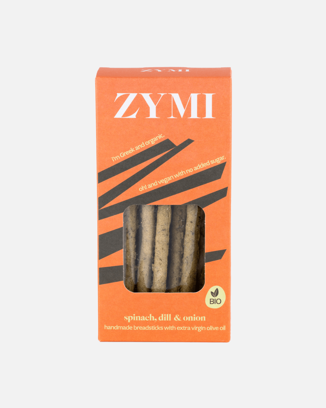 Orangefarbene Zymi-Verpackung von Bio-Brotstangen mit Spinat, Dill und Zwiebeln vor einem weißen Hintergrund.