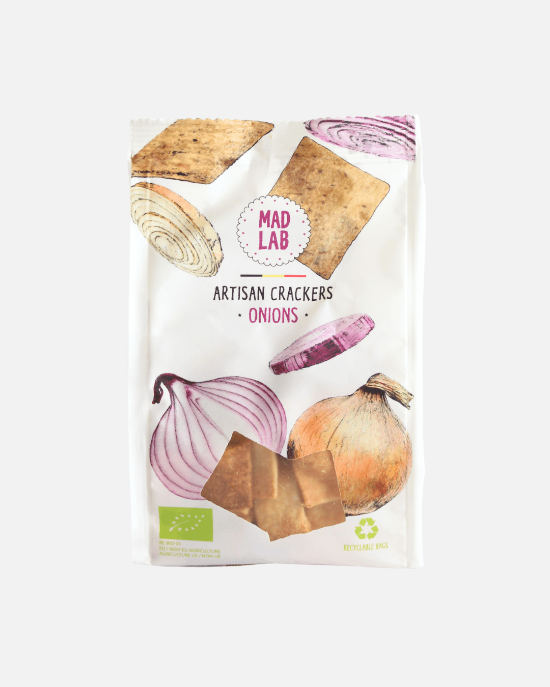 Bio Cracker mit Zwiebeln von Mad Lab – herzhaft, knusprig, vegan & nachhaltig verpackt.