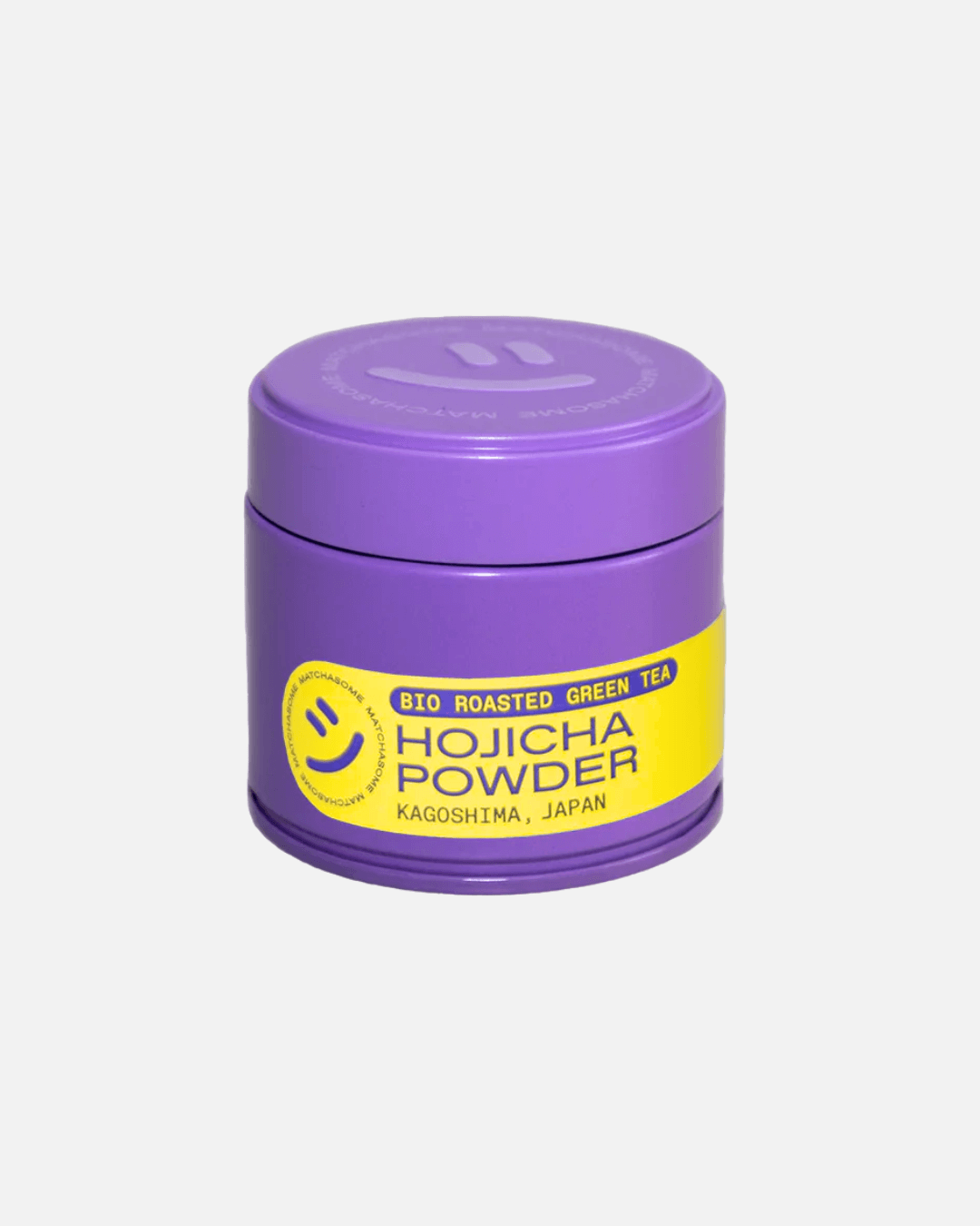 Lila Dose mit Matchasome Bio Hojicha Pulver aus Kagoshima, Japan.