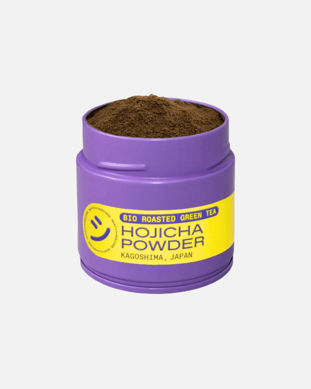 Geöffnete Dose mit schokoladenbraunem Matchasome Bio Hojicha Pulver.