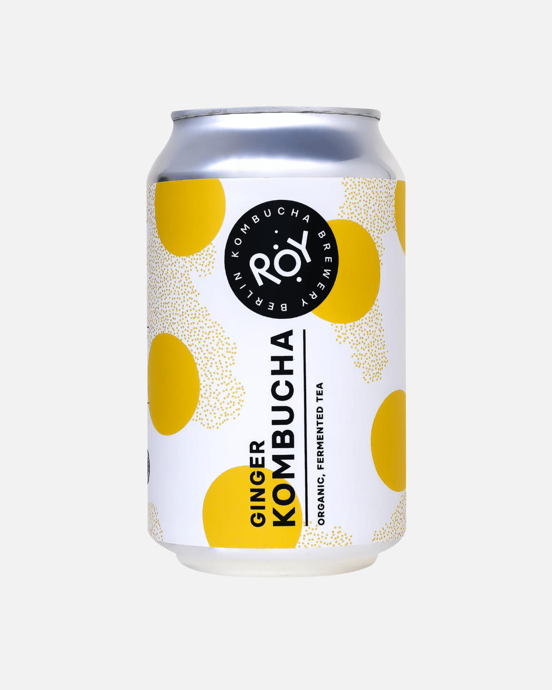 Dose ROY Ingwer Kombucha – Bio-Fermentierter Tee mit frischem Geschmack, Design mit gelben Punkten.