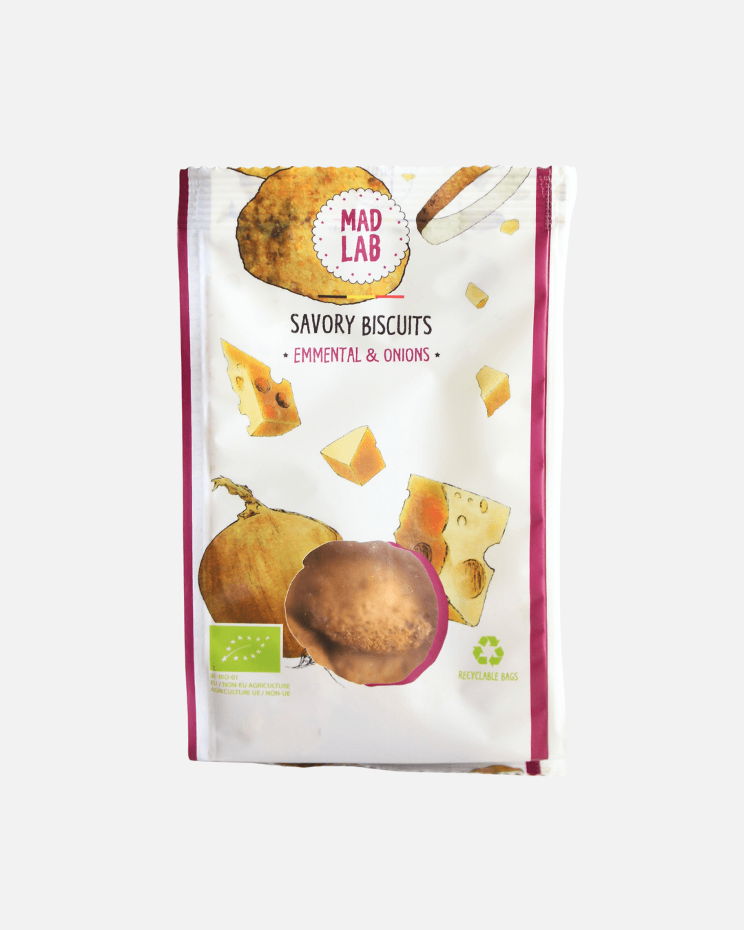 Bio-Kekse mit Emmentaler und Zwiebeln in recyclebarer Verpackung von Mad Lab.