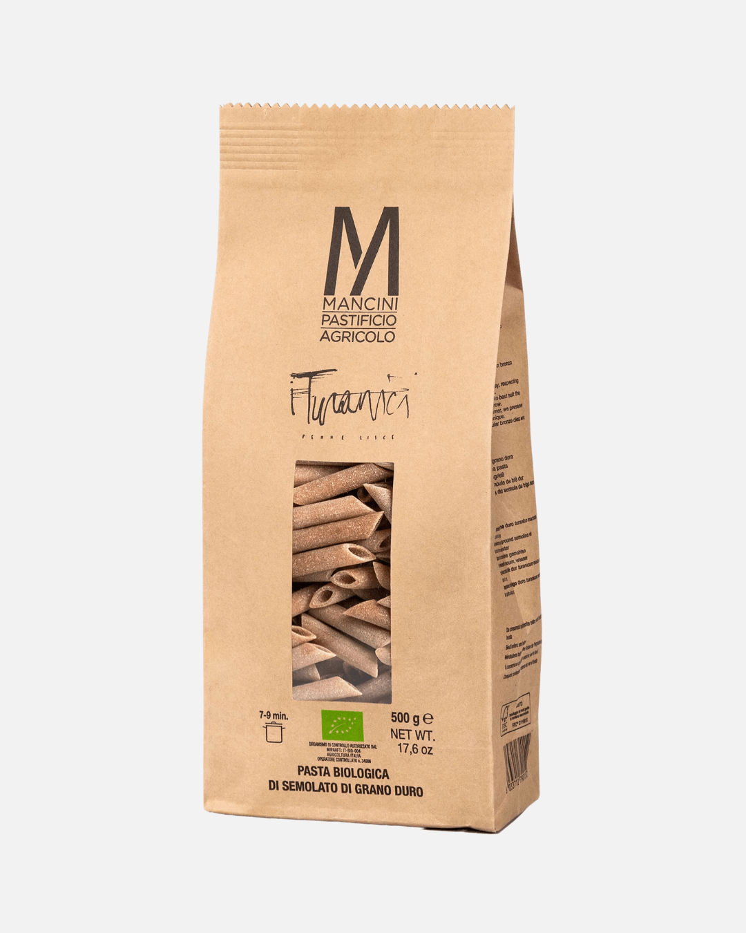 Makroaufnahme der Bio Penne Lisce Turanici von Mancini mit glatter Oberfläche und natürlicher, dunkler Farbe aus italienischem Urweizen.