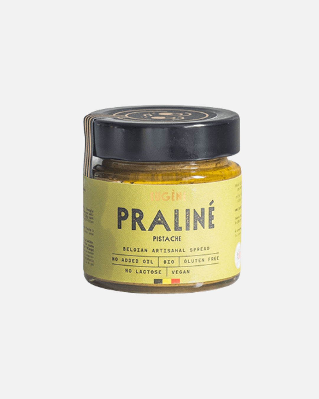 Bio-Praliné Pistazienaufstrich von Eugène Chocolatier in Glas mit gelbem Etikett.