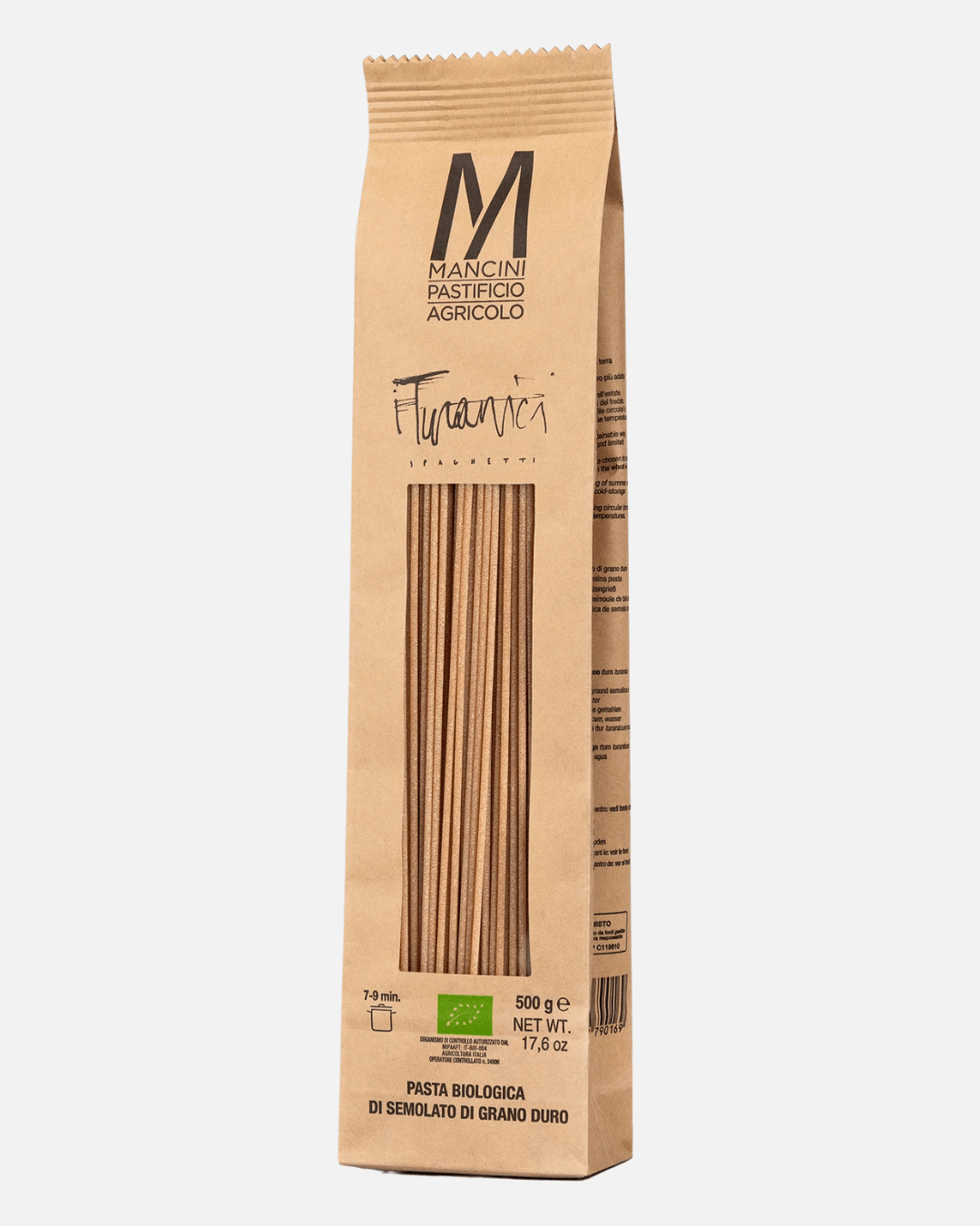 Mancini Bio Spaghetti Turanici in nachhaltiger 500g-Papiertüte mit Sichtfenster, aus italienischem Hartweizen in Bio-Qualität.