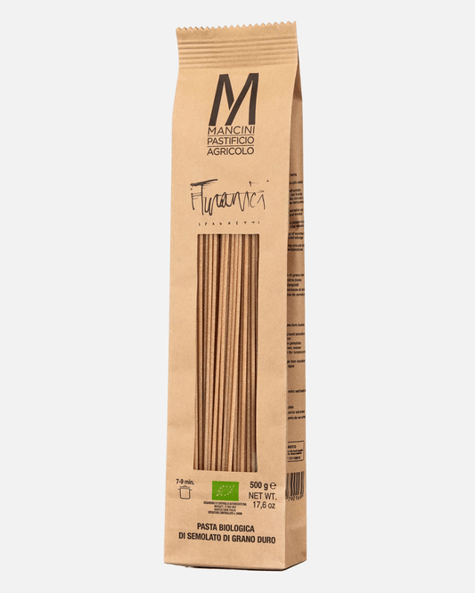 Mancini Bio Spaghetti Turanici in nachhaltiger 500g-Papiertüte mit Sichtfenster, aus italienischem Hartweizen in Bio-Qualität.