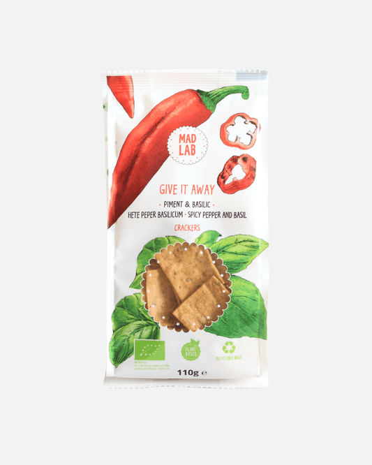 Bio Cracker mit Chili & Basilikum von Mad Lab – würzig, knusprig, vegan & nachhaltig verpackt.