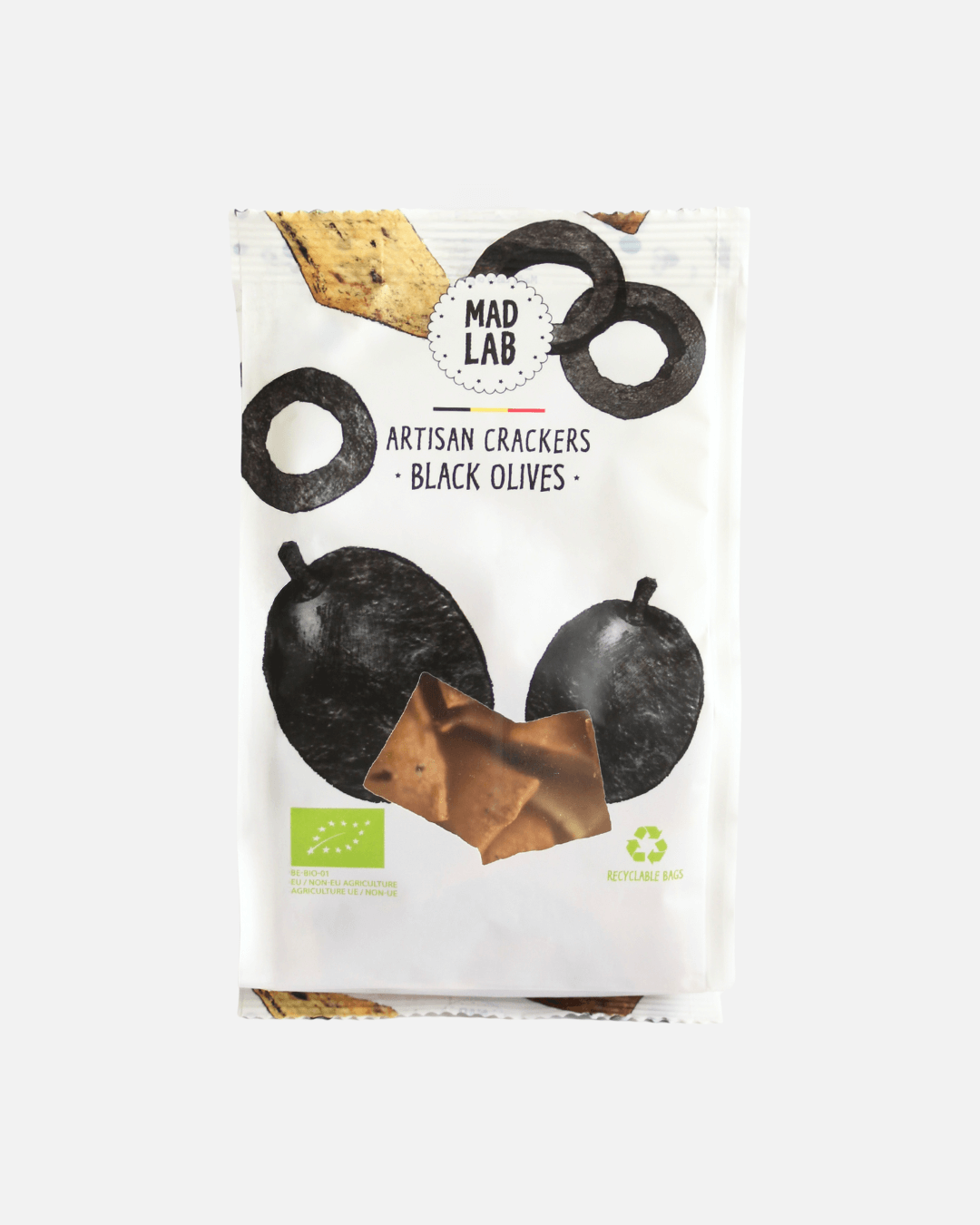 Bio Cracker mit schwarzen Oliven von Mad Lab – herzhaft, knusprig, vegan & nachhaltig verpackt.