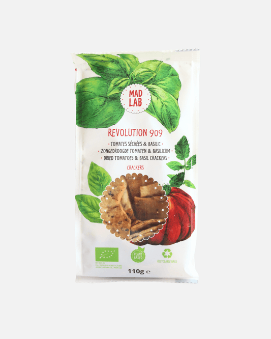 Bio-Cracker Revolution 909 von Mad Lab – mit getrockneten Tomaten & Basilikum, vegan & nachhaltig.
