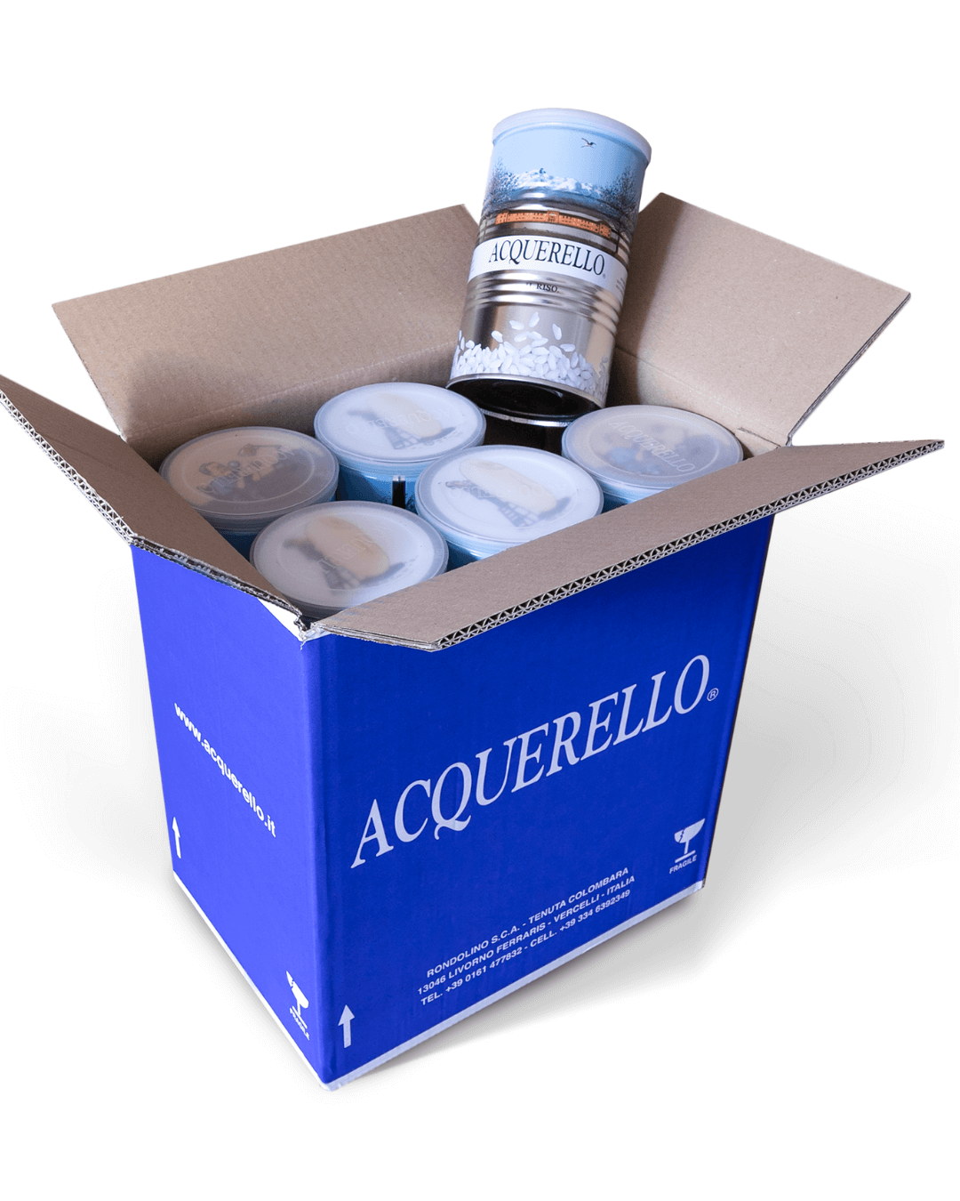 Blauer Versandkarton von Acquerello mit mehreren 500g-Dosen gereiftem Carnaroli-Reis, eine davon offen sichtbar in der Verpackung.
