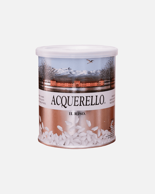 250g-Dose Acquerello Carnaroli Reis mit ikonischem Landschaftsmotiv, luftdicht versiegelt für maximalen Geschmack und perfekte Risotto-Textur.