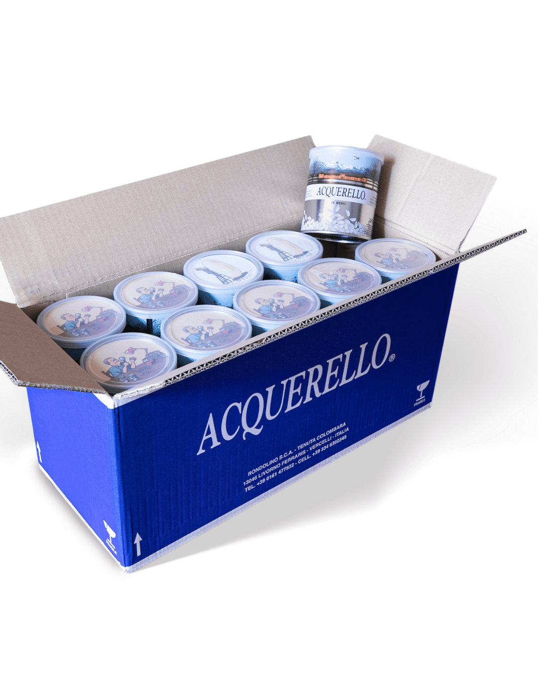 Geöffneter blauer Versandkarton mit mehreren 500g-Dosen Acquerello Carnaroli Reis, eine davon aufrecht stehend mit sichtbarem Etikett.