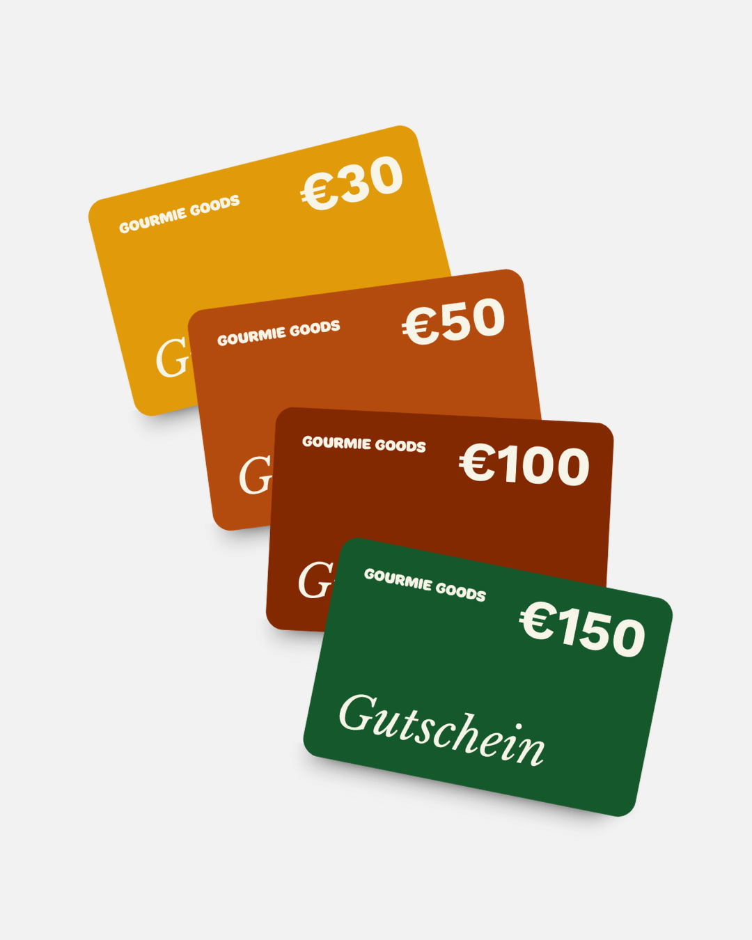 Gourmie Goods Gutscheine in den Werten €30, €50, €100 und €150 in verschiedenen Farben.