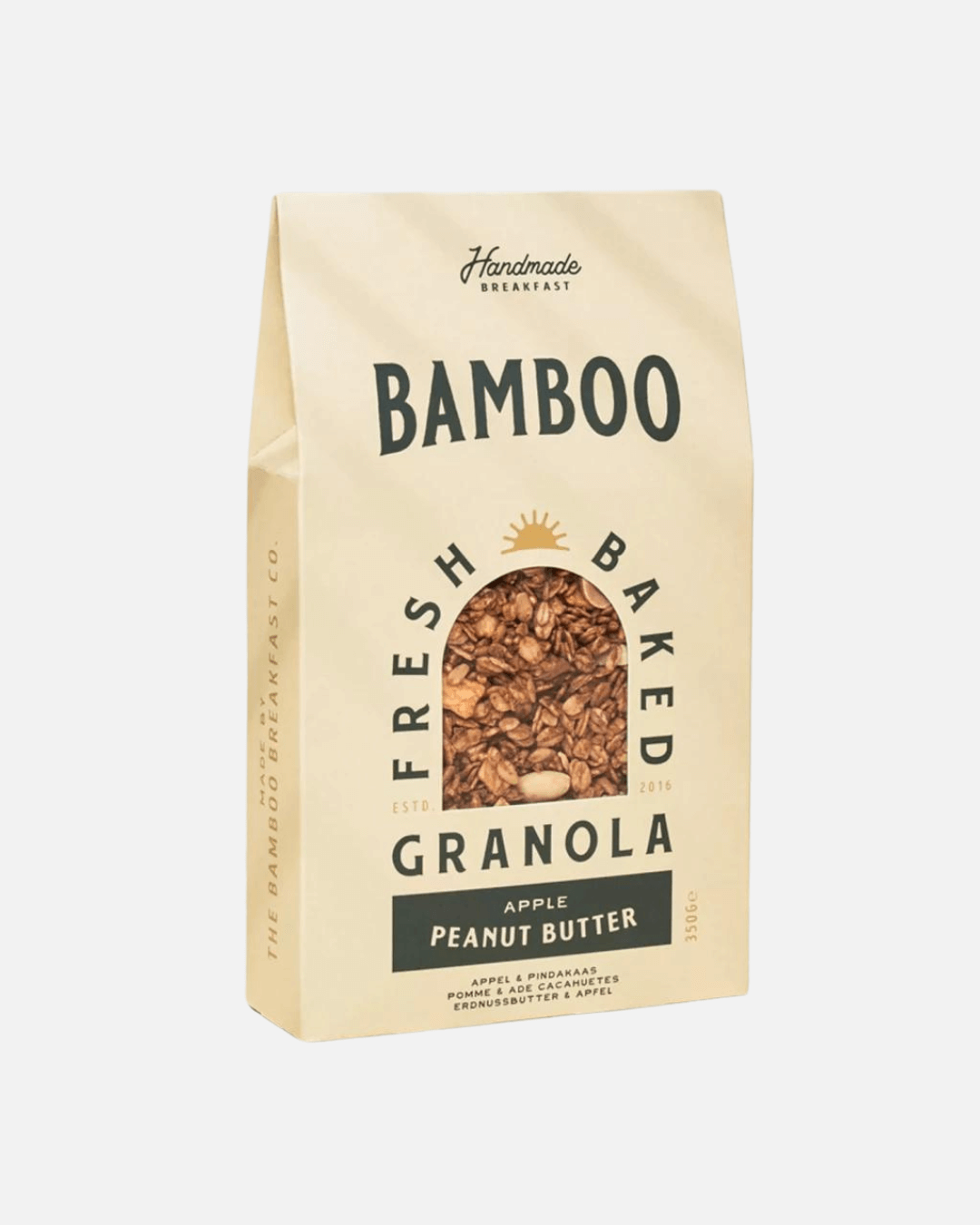 Packung Bamboo Breakfast handgemachtes Granola mit Erdnussbutter & Apfel, mit sichtbarer Granola durch ein kleines Fenster.