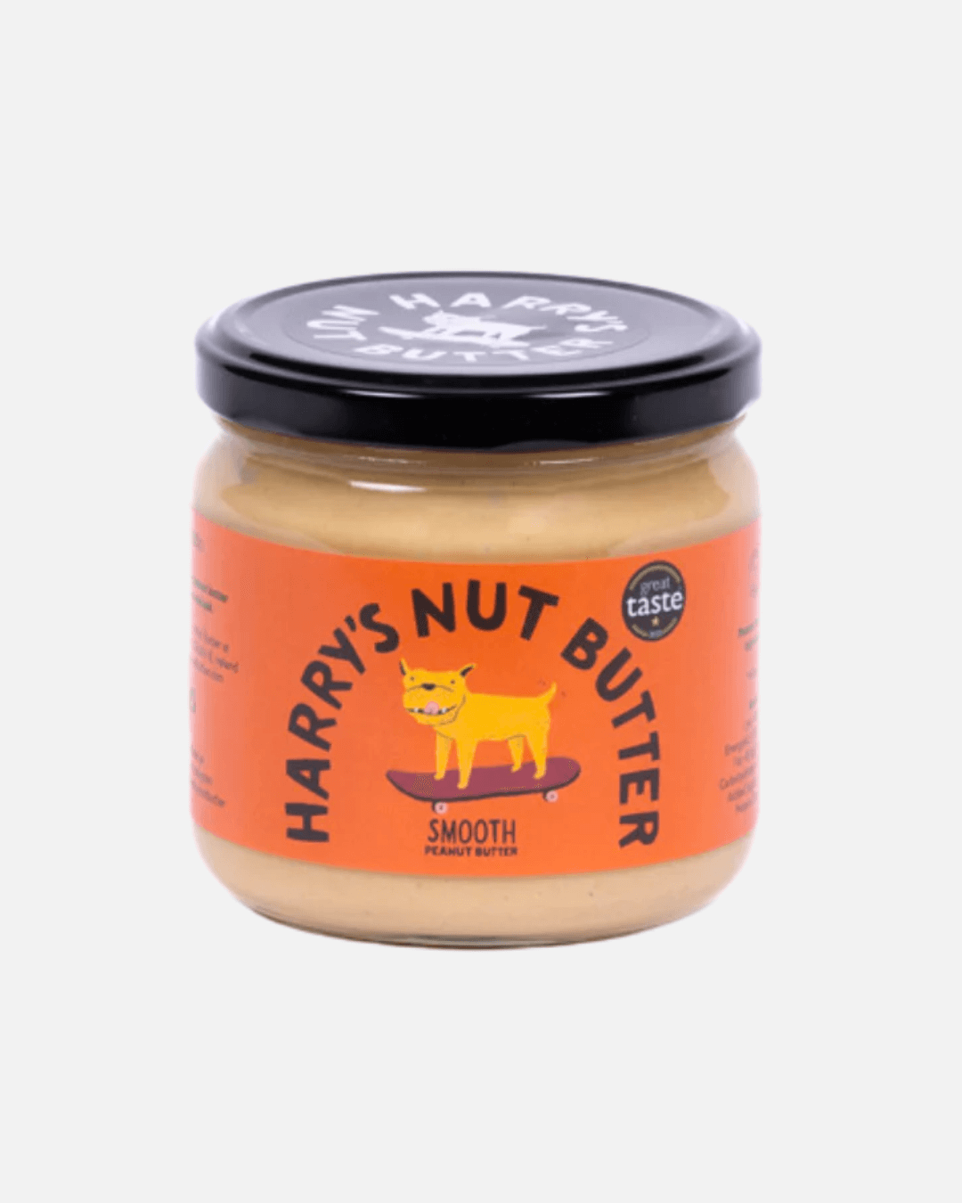 Ein Glas Harry's Nut Butter Smooth Erdnussbutter mit einem Cartoon-Hund auf einem Skateboard auf dem Etikett.