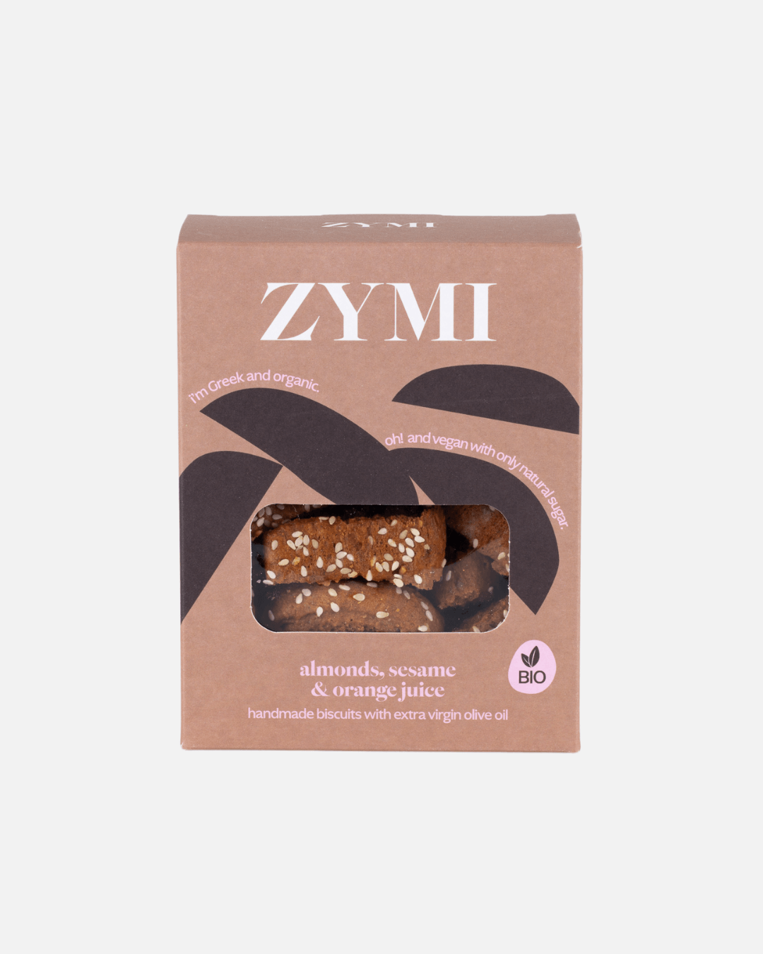 Braune Verpackung von Zymi Bio-Keksen mit Mandeln, Sesam und Orangensaft, handgemacht mit nativem Olivenöl extra.