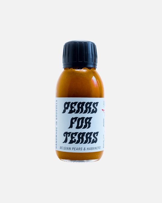 Flasche „Pears for Tears“ orangefarbene scharfe Sauce von Swet mit einer Mischung aus belgischen Birnen und Habanero.