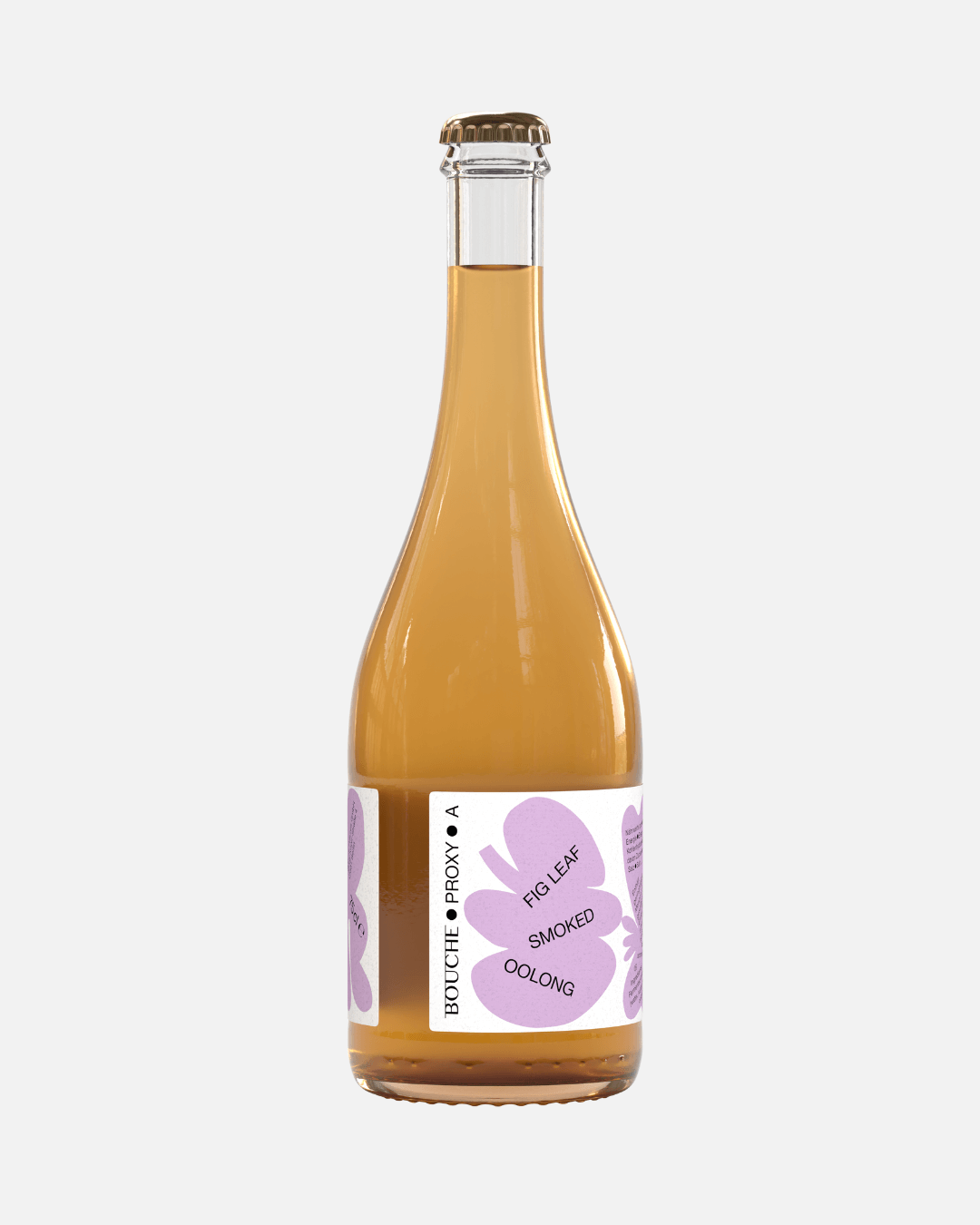 Flasche Proxy A von Bouche mit Feigen- und geräuchertem Oolong-Geschmack, transparente Flasche mit goldfarbenem Getränk.