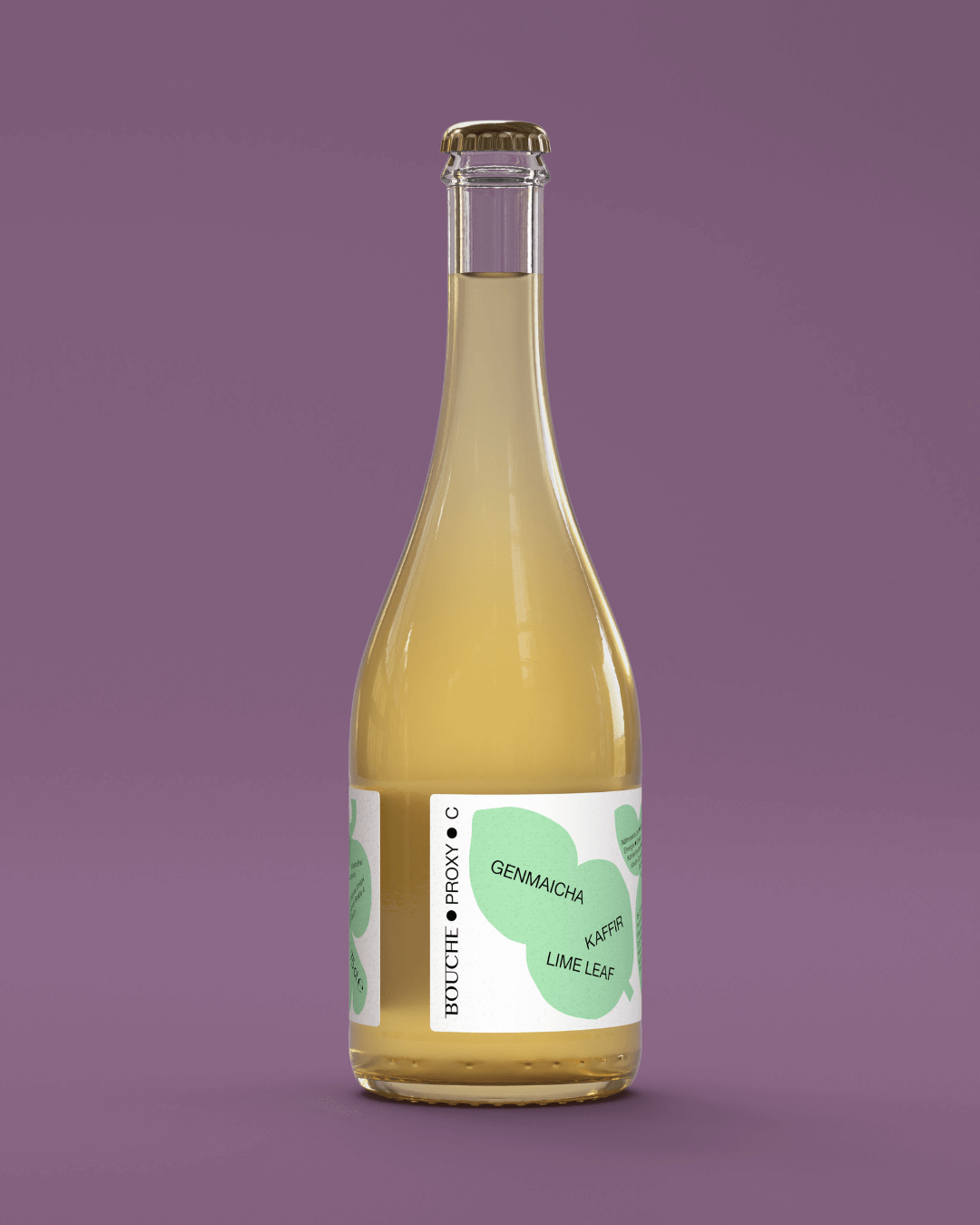 Flasche Proxy C Bouche – fermentiertes Getränk mit Genmaicha & Kaffirlimettenblättern, edles Design.