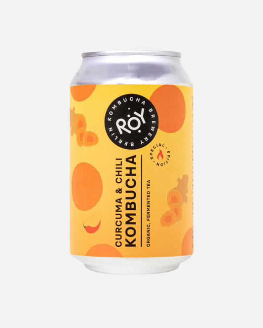 Dose ROY Bio-Kombucha Kurkuma & Chili – fermentierter Tee mit würzigem Aroma in limitierter Edition.