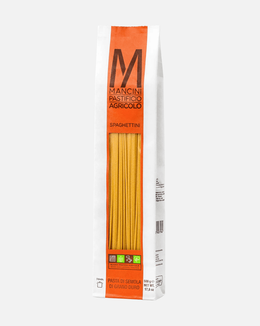 Mancini Spaghettini in weiß-orangefarbener 500g-Packung mit Sichtfenster, aus Hartweizengrieß und eigenem Anbau in Italien.