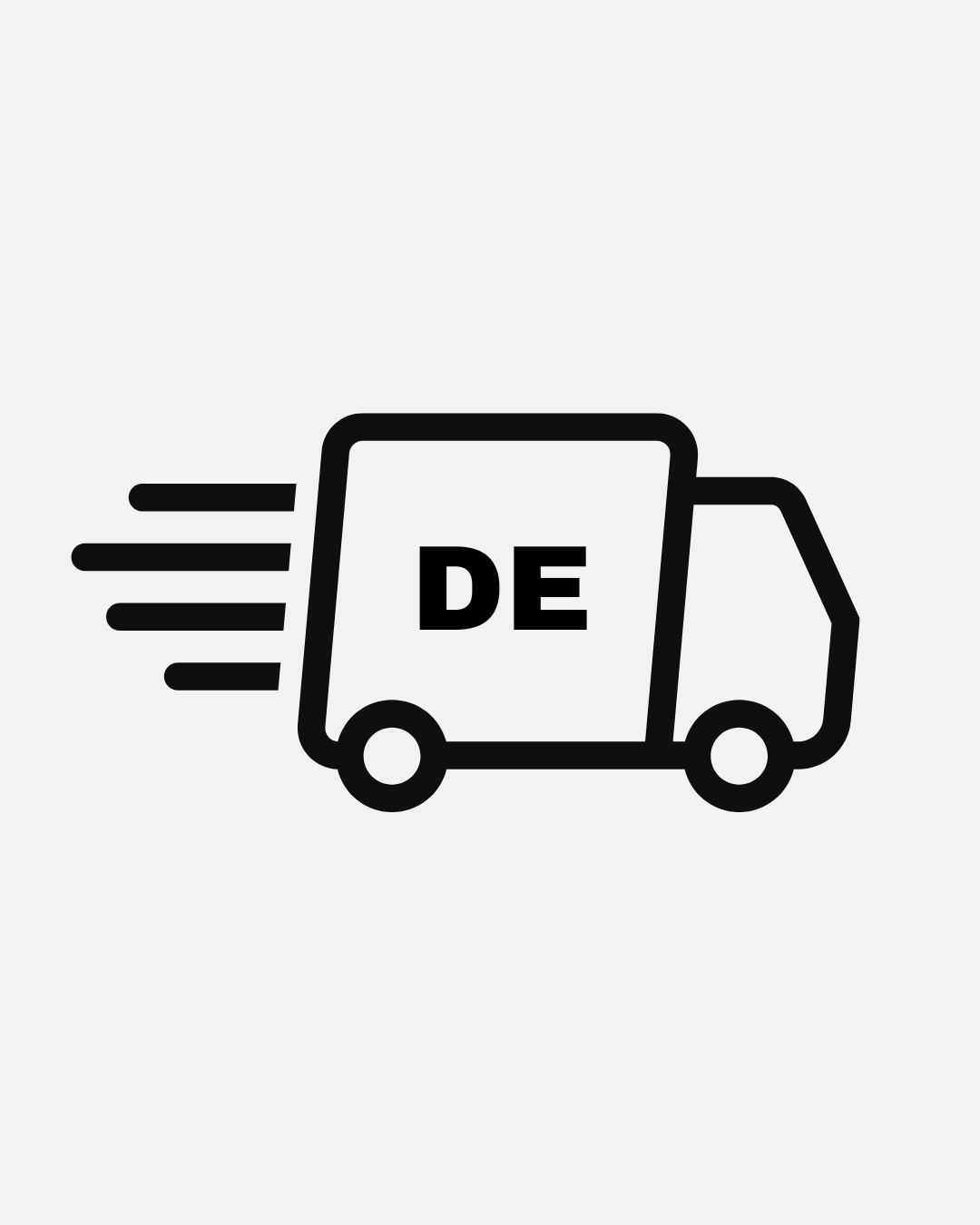 Schwarzes Icon eines Lieferwagens mit 'DE'-Beschriftung, symbolisiert zusätzliche Lieferung in Deutschland.