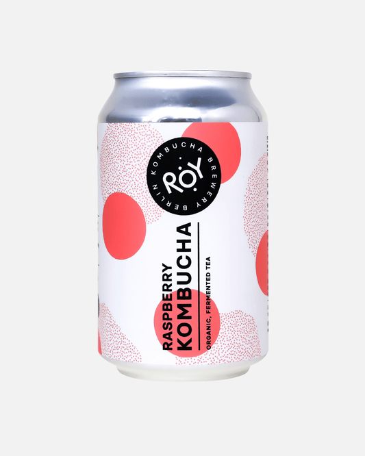 Dose ROY Bio-Himbeer-Kombucha mit verspieltem Polka-Dot-Design in Rot und Weiß auf weißem Hintergrund.