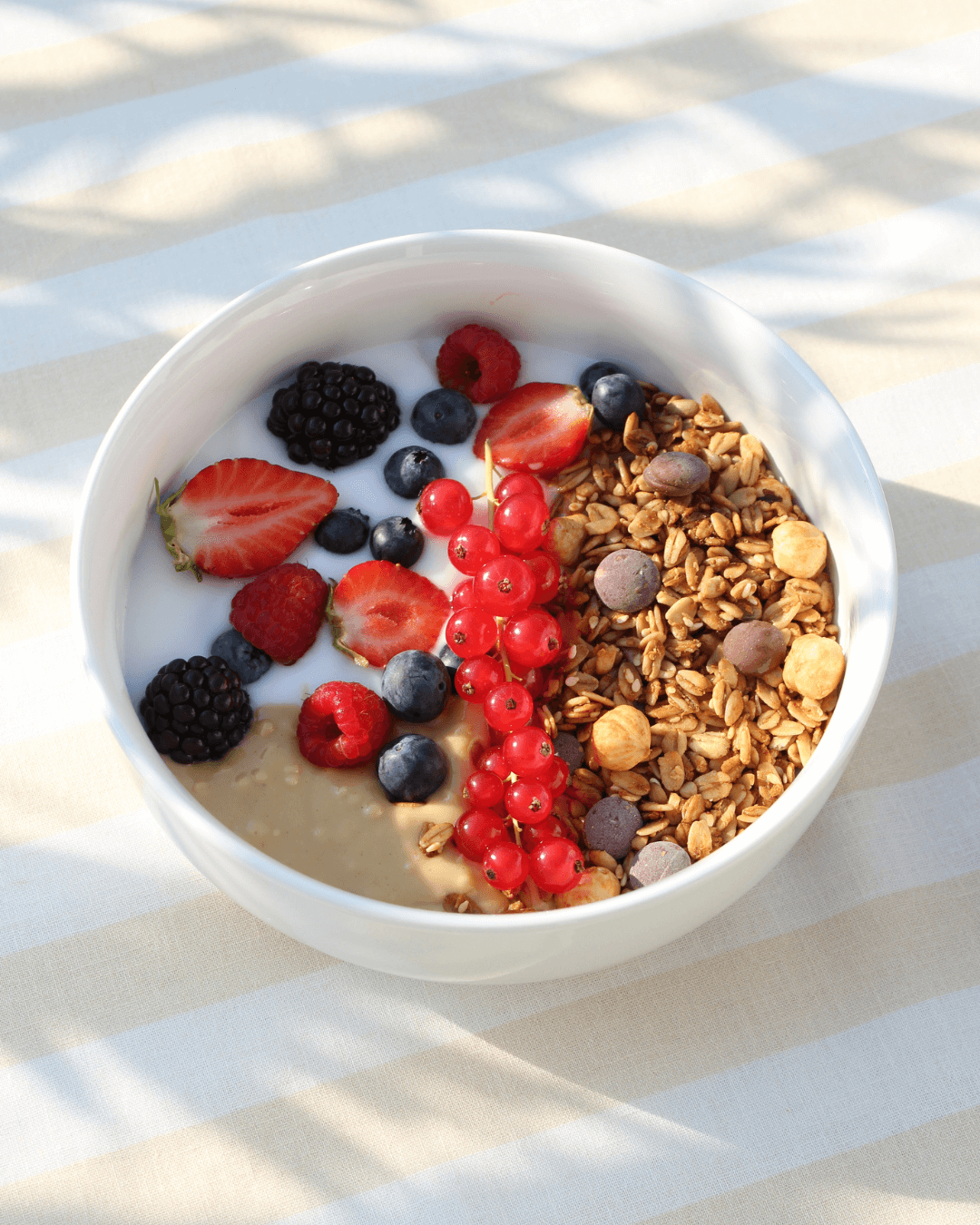 Frühstücksbowl mit Joghurt, Granola, frischen Beeren, Haselnüssen und Nussbutter auf gestreifter Tischdecke.