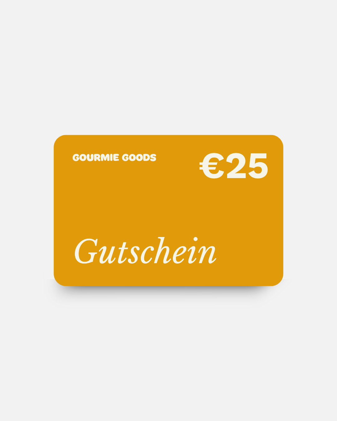 Ein Gourmie Goods-Gutschein im Wert von 25 € in Form einer orangefarbenen Karte mit dem Wort „Gutschein“ darauf.