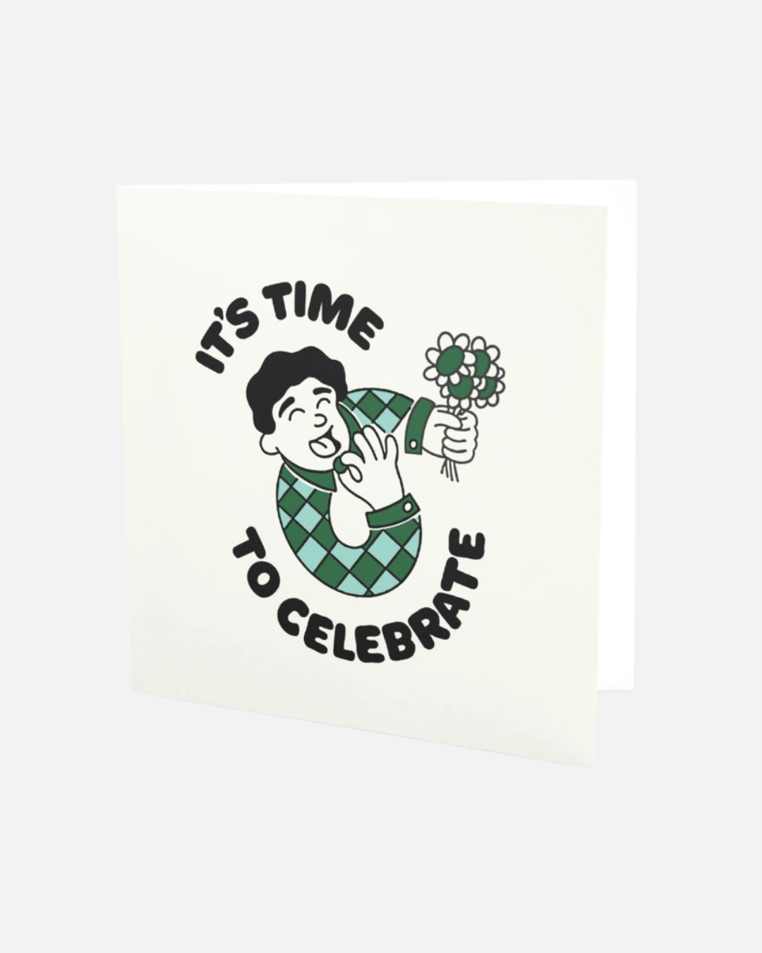 Eine Grußkarte „It's Time to Celebrate“ von Gourmie Goods mit einem fröhlichen Foodie-Maskottchen mit Blumen in der Hand.