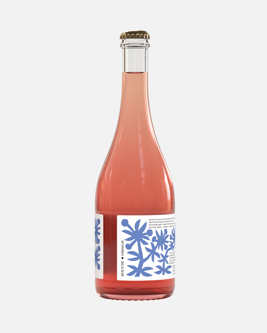 Eine Flasche Hibiskus-Pet-Nat von Bouche mit einem blauen floralen Etikett und goldener Kappe.