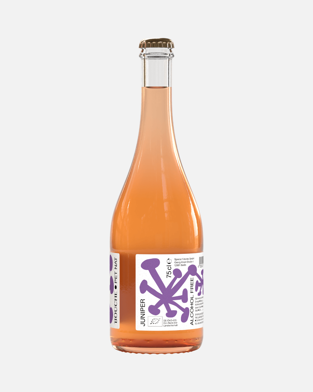 Eine Flasche alkoholfreies, prickelndes, leicht rosafarbenes Juniper Pet Nat Kombucha von Bouche.