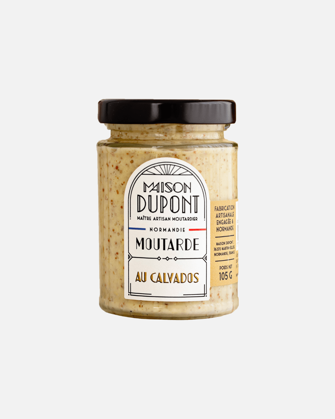 Glas Maison Dupont Senf mit Calvados, 105g, Nahaufnahme.