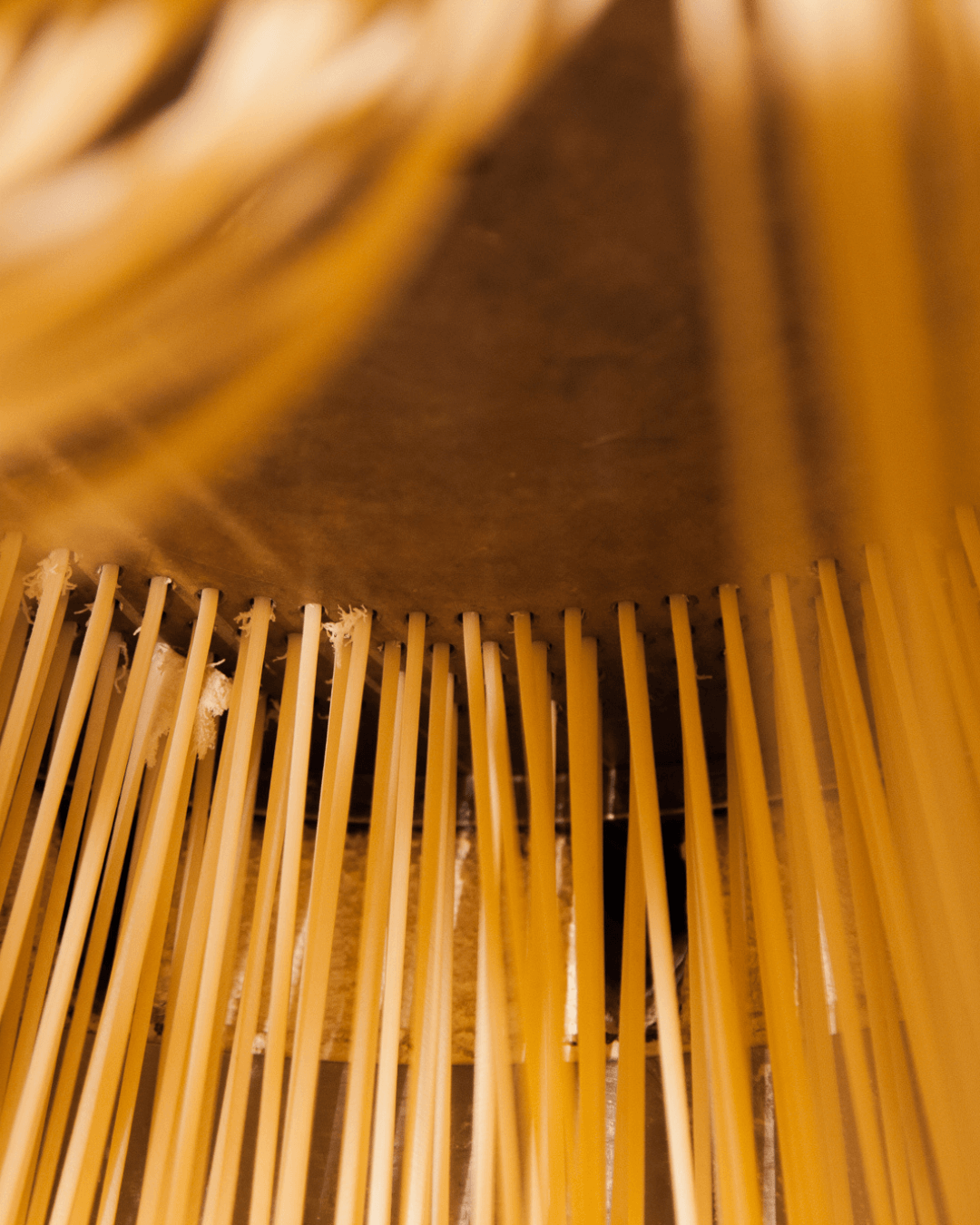 Spaghetti werden durch Bronzeform gepresst und erhalten ihre Struktur.