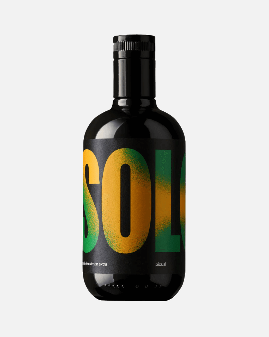 Eine schwarze 500-ml-Flasche natives Olivenöl extra von Solo, Sorte Picual, mit gelbem und grünem SOLO-Logo auf dem Etikett.