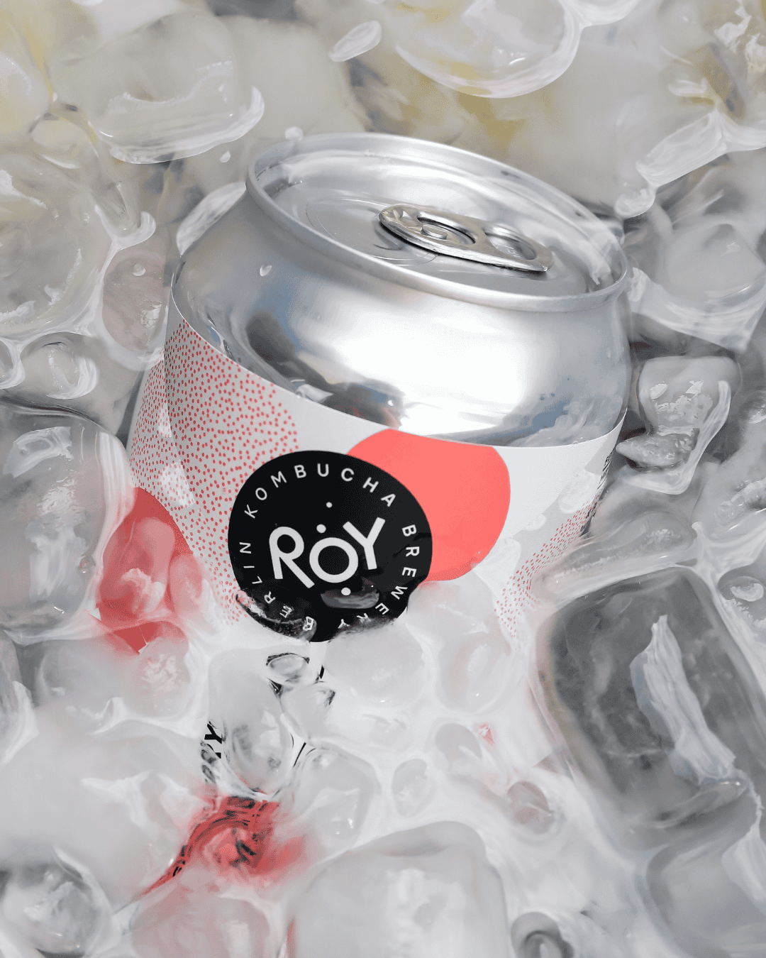 Dose ROY Bio-Himbeer-Kombucha halb in eine Wanne mit Eis getaucht.